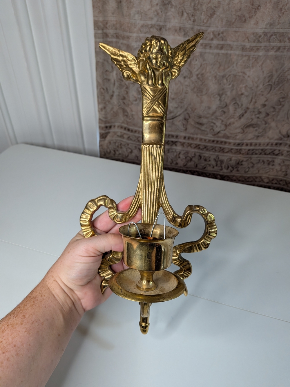 Vintage Brass Cherub Angel Wall Sconce Candle Holder Ribbon Bow Large 14"